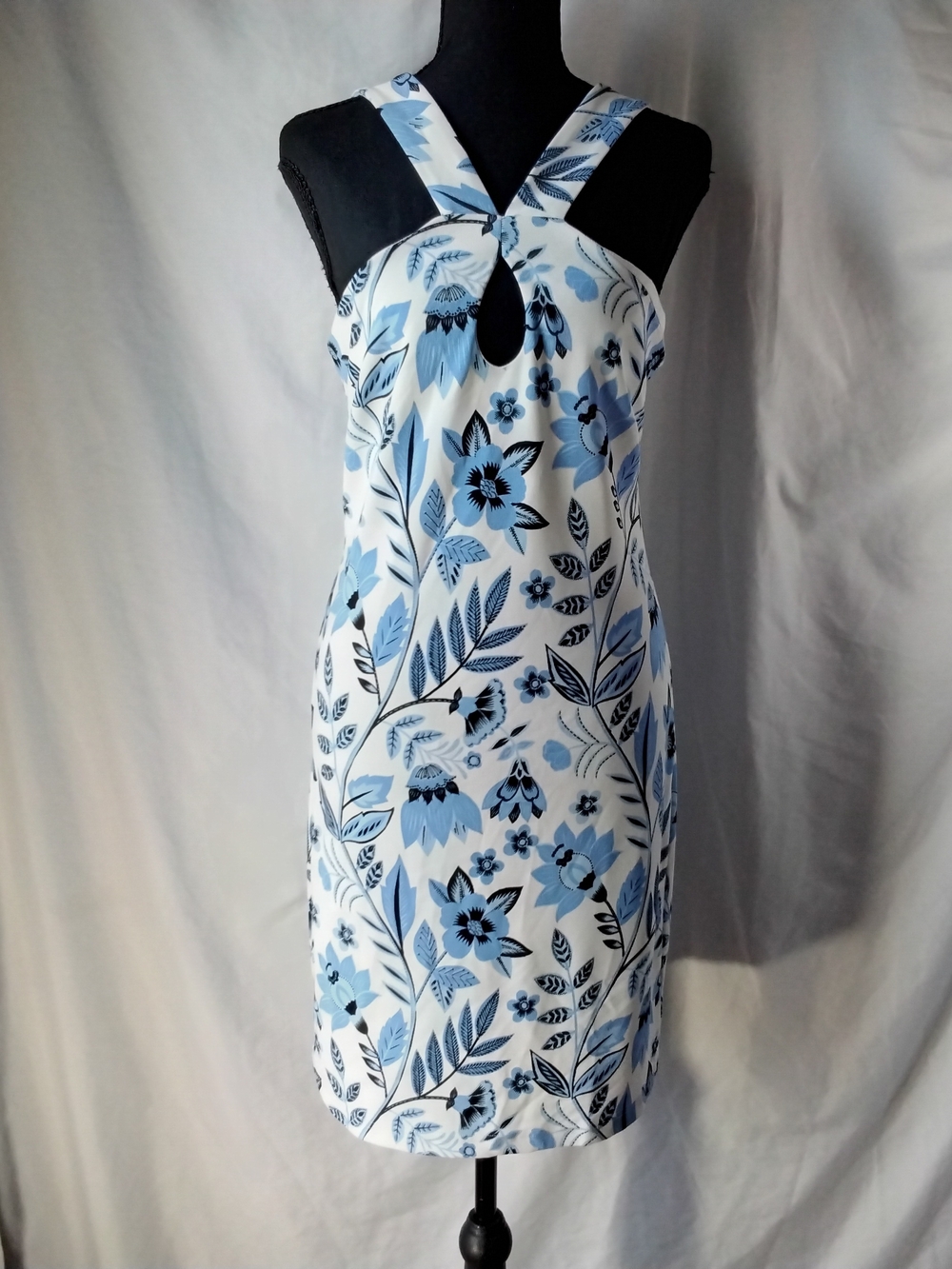 Boston Proper White and Blue Floral Keyhole Halter Mini Dress